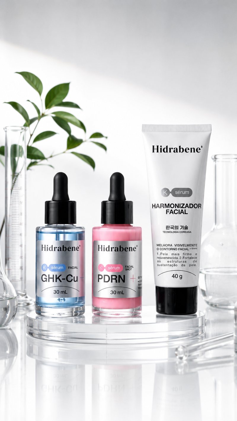 Kit com os três séruns coreanos Hidrabene: GHK-Cu, PDRN e Harmonizador Facial