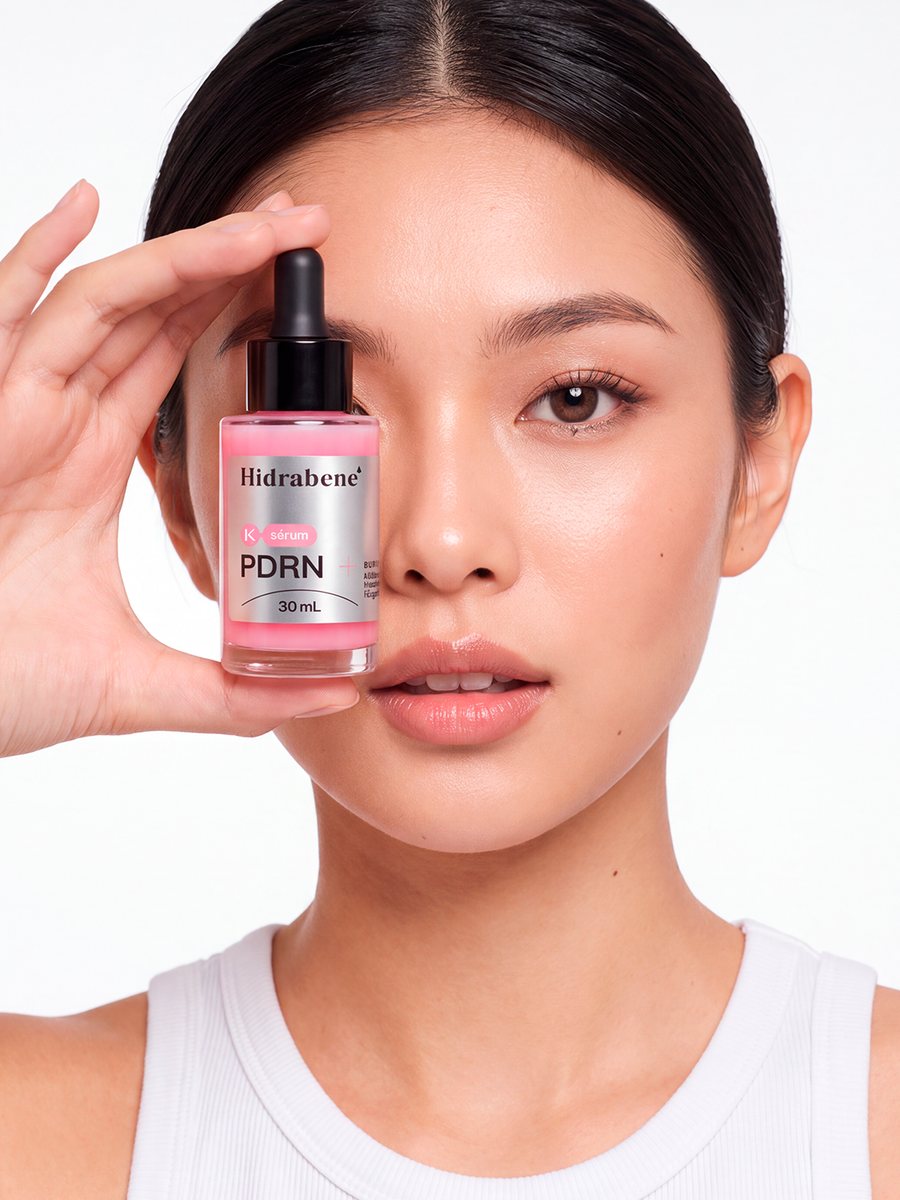 Mulher aplicando o Sérum Shot PDRN Hidrabene, o frasco rosa da noite